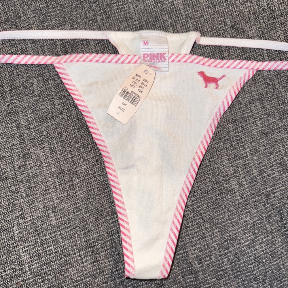 VS PINK VINTAGE Y2K COTTON EXTRA LOW RISE STRING THONG PANTY WHITE STRIPES DOG M - Picture 2 of 6